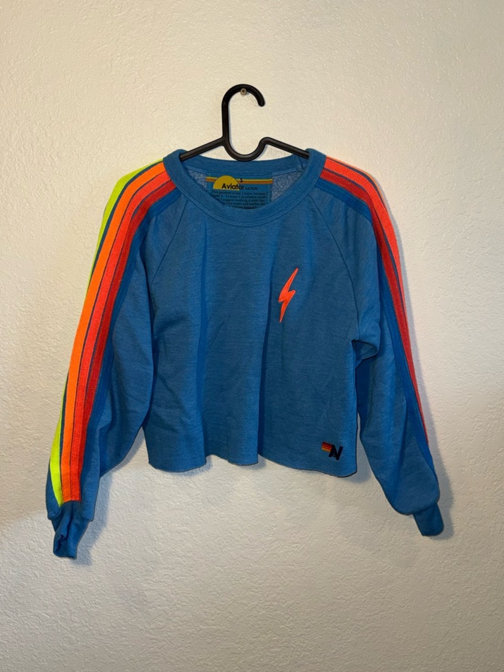 Aviator Nation BOLT Blue Crewneck Cropped Sweatshirt Neon Stripes Size S